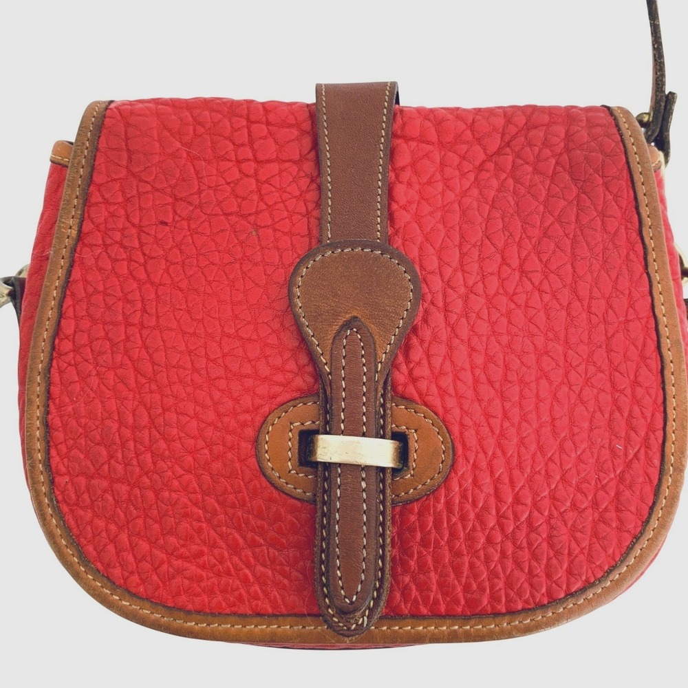 Dooney & Bourke Vintage 90s Red AWL Marble Bag #R51 British Tan Trim Saddle Bag
